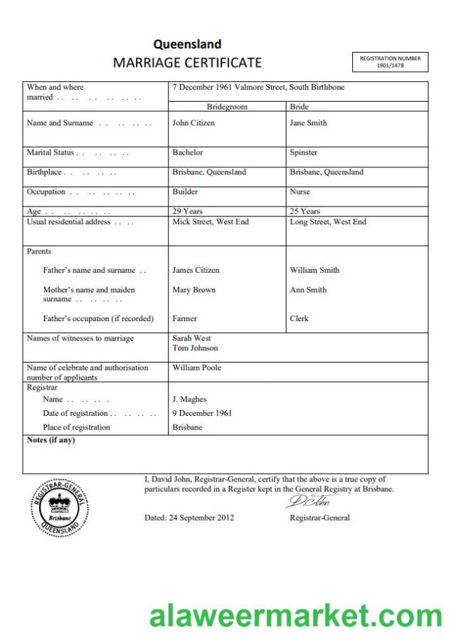 Australia Queensland marriage certificate template in Word